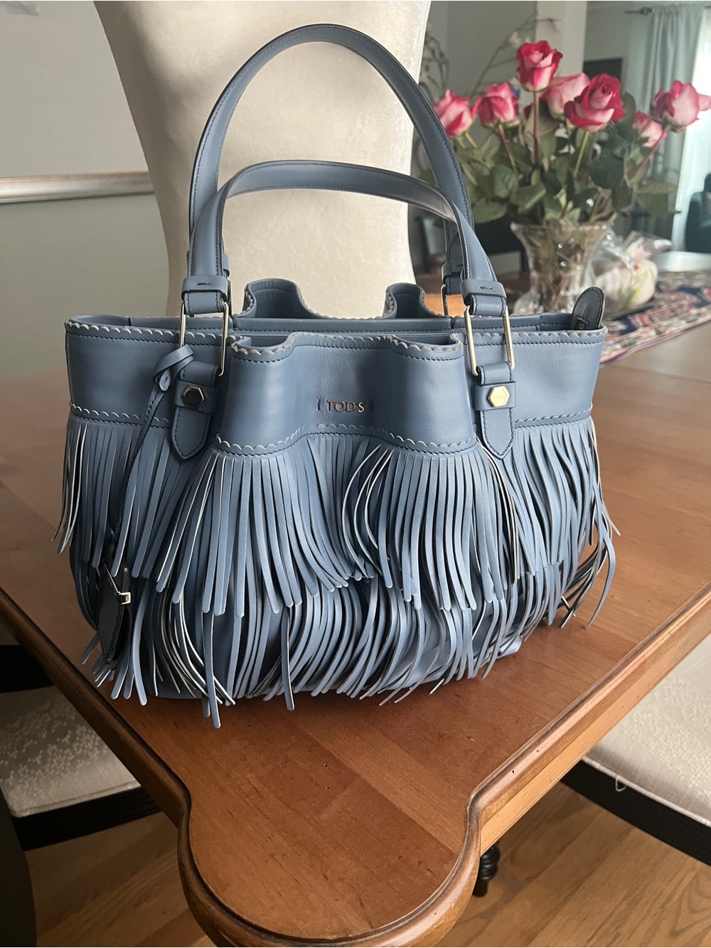 Tod's Dusty Blue Leather Fringe Shoulder Bag
